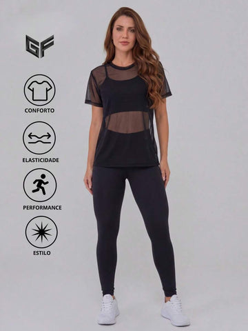 Kit Fitness | 3 Peças de Roupa de Academia Feminino – Blusa de Tule + Top com Bojo + Calça Legging