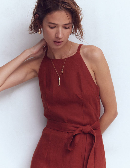 ZRA™ | Rosa Leinen-Midikleid mit Neckholder – Orange