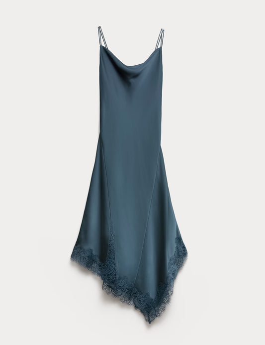 ZRA™ | Midikleid aus Satin mit drapiertem Kragen und Spitzendetails.